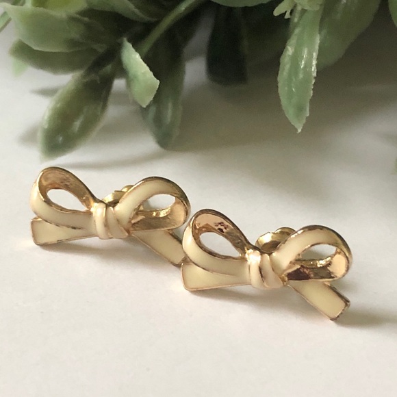 Gold and white enamel Bow pierced Earrings - Picture 1 of 4